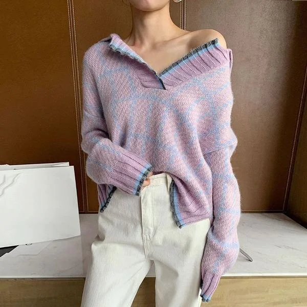 Act Fast Knitting Splicing Plaid Women Sweater Winter New V-neck Top Casual Fashion