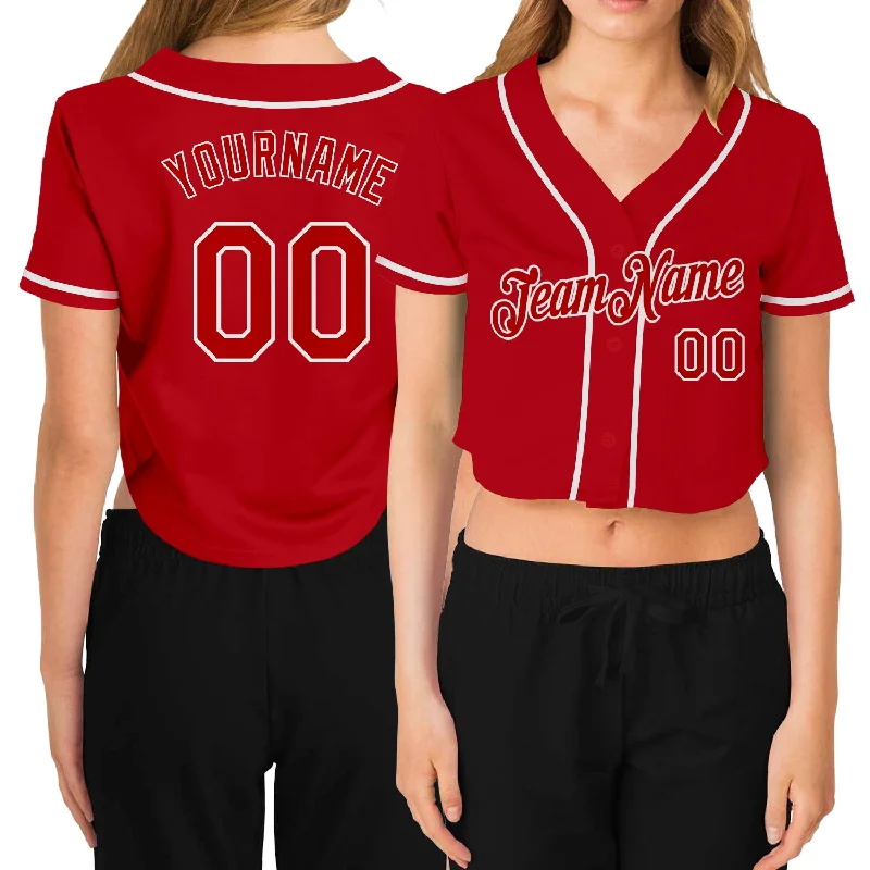 Can't Resist Custom Women's Red Red-White V-Neck Cropped Baseball Jersey