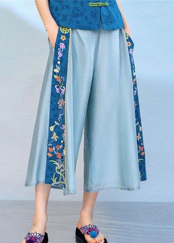 Weekend Offers You Can't Ignore Cute Blue Embroideried Elastic Waist Pockets Cotton Crop Pants Summer