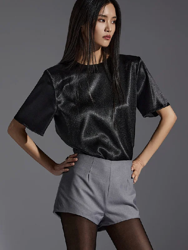 Time-Sensitive B9100 Round Neck Shoulder Pad Short Sleeve Blouse