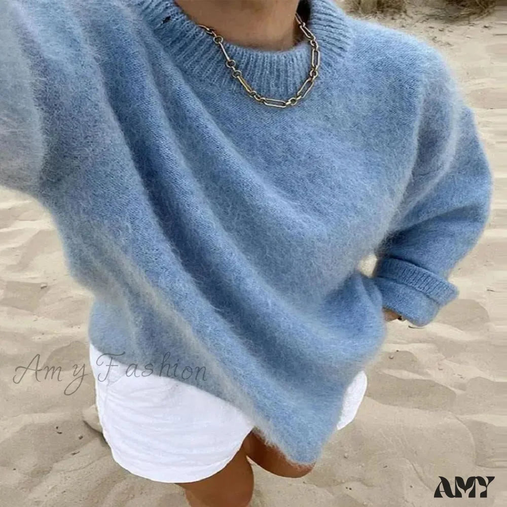 Season Finale Sale O-neck Rib Knitted Mohair Long Sleeve Women Autumn Winter Loose Cropped Jumper Casual Fashion Sweater