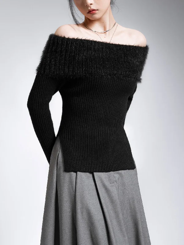 Great Bargains Fuzzy Off Shoulder Ribbed Modern Knit Patchwork Split Sweater