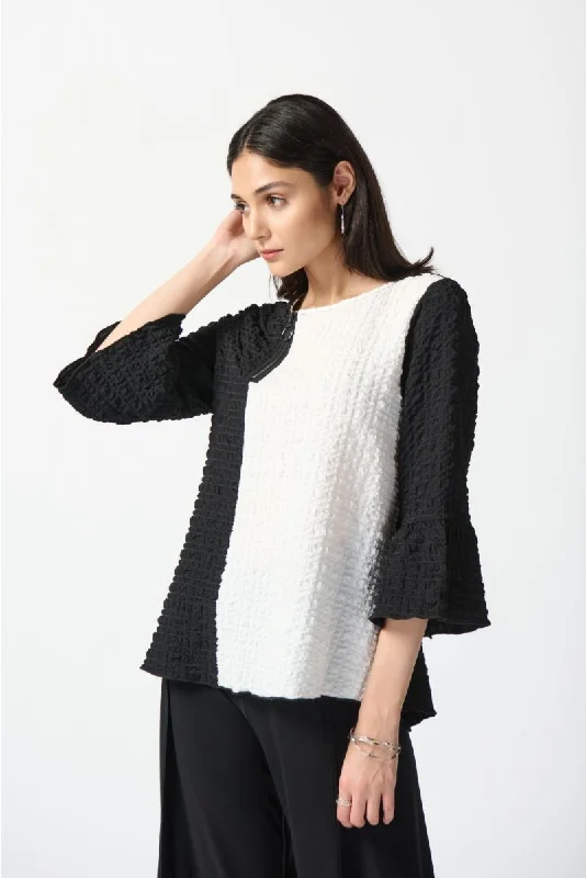 Hurry In Joseph Ribkoff Black/White Two-Tone Color Block Crinkled Bell Sleeve Top 242178