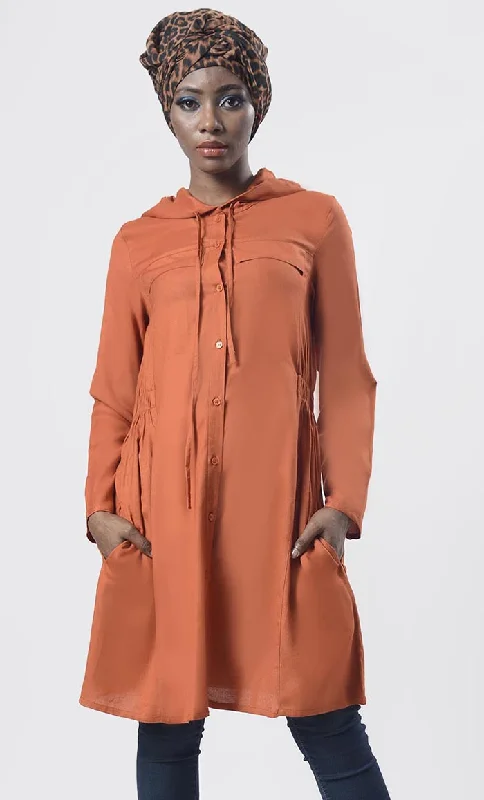 Act Fast Solid Brown Everyday Wear Hoodie Style Tunic