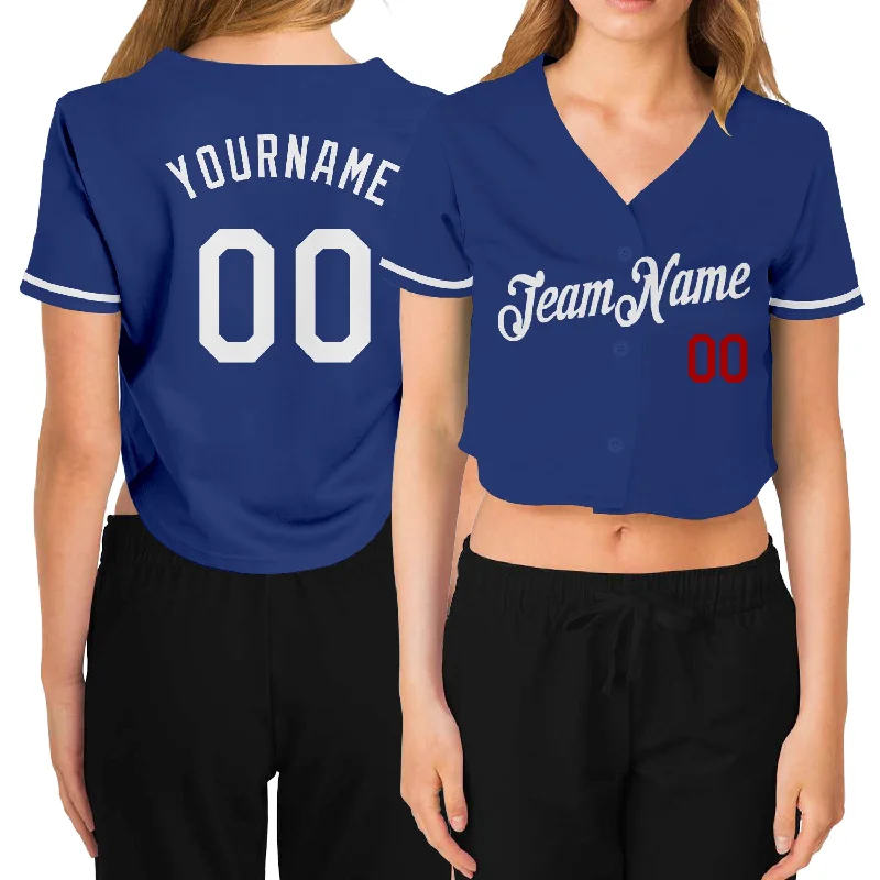 Savings Bonanza Custom Women's Royal White-Red V-Neck Cropped Baseball Jersey