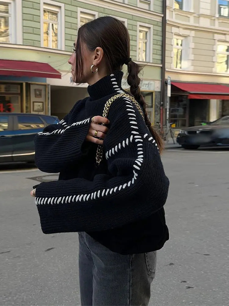 Fantastic Offers Women Elegant Contrast Stitching Knitted Pullover Casual Loose Turtleneck Long Sleeves Sweater