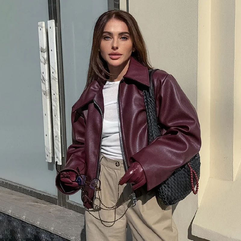 Unwind with Weekend Discounts Retro Biker's Style Wine Red European And American Handsome Matte Leather Jacket Coat