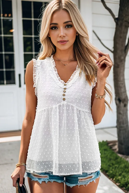 One-Day Only Swiss Dot Buttoned V-Neck Tank
