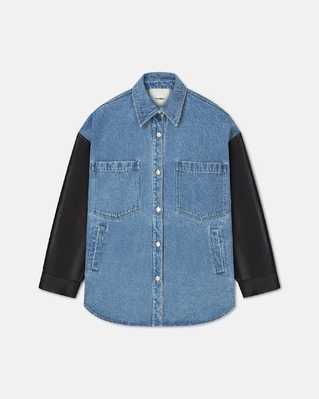 Sale Event Zinnie - Denim and Regenerated Leather Shirt - Mid Blue-Black