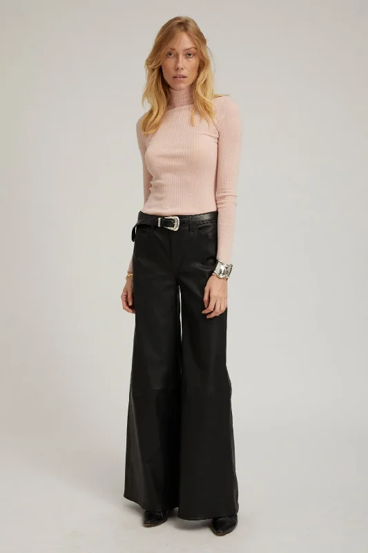 New Deals Black Leather 5 Pocket Mid Rise Wide Leg Pants