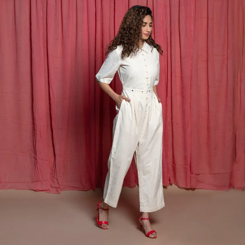 Special Discount Off-White Embroidered Cotton Muslin High-Rise Overalls