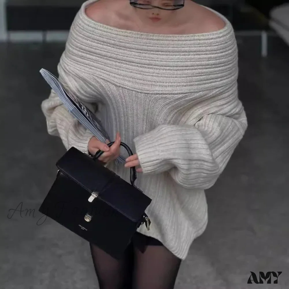 Exclusive Savings Women Knitted Pullovers 2024 Fall Winter Ribbed Off Shoulder Long Sleeve Loose Casual Oversized Streetwear Sweater