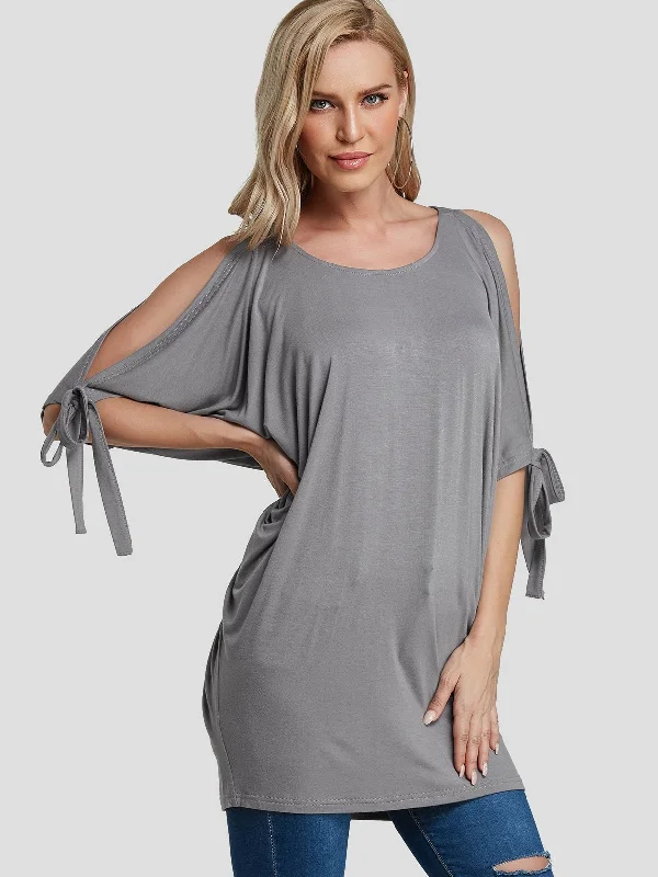 Deal Mania Custom Round Neck Cut Out Pleated Half Sleeve Grey T-Shirts