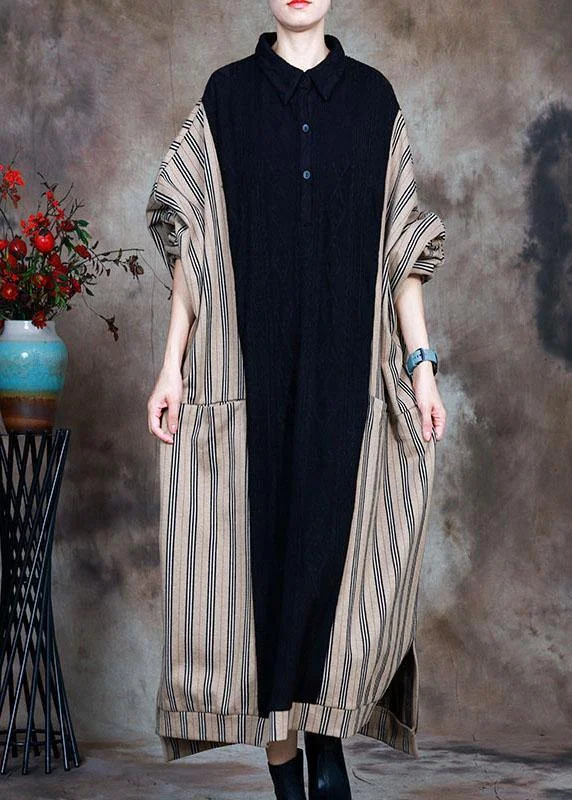 Warehouse Sale French Black Patchwork Striped Button Fall Sweater Dress