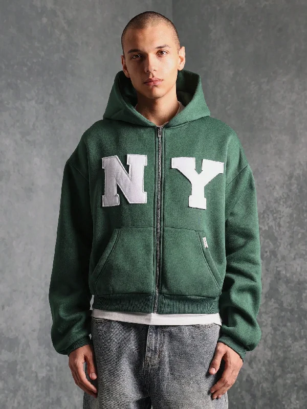 Crop Fit Zip Through Hoodie With NY Applique Embroidery