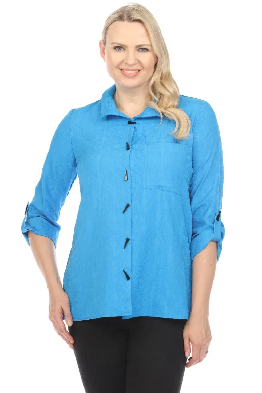 Midnight Sale Joseph Ribkoff French Blue Crinkled Button-Down Roll-Tab Sleeve Blouse 241183
