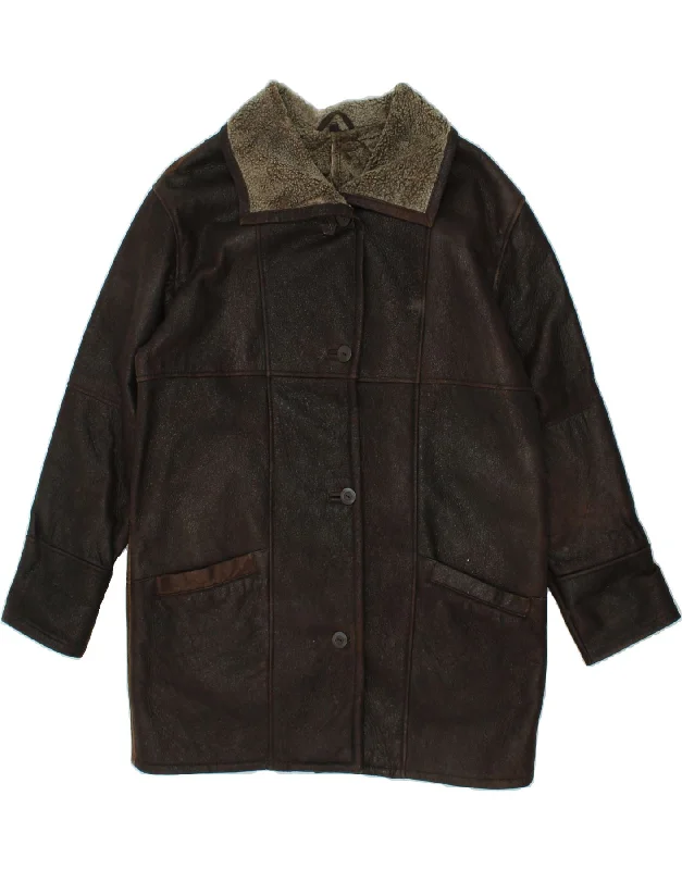 Special Offer VINTAGE Womens Shearling Coat EU 42 Large Brown Leather