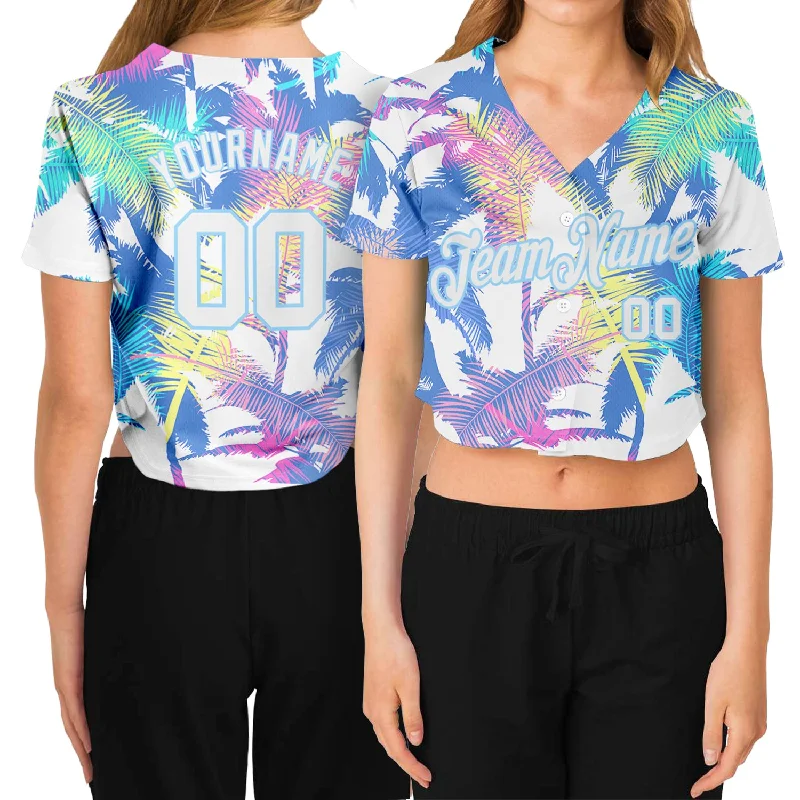 Price Rollback Custom Women's White White-Light Blue Hawaii Palm Trees 3D V-Neck Cropped Baseball Jersey