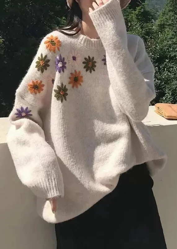 Weekend Specials to Love Loose Apricot O-Neck Embroideried Cozy Thick Knit Sweaters Fall