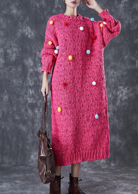 Flash Deal Italian Rose Fuzzy Ball Decorated Knit Long Sweater Dress Winter