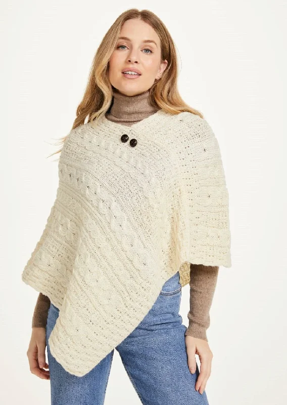 Weekend Bargains to Enjoy Aran Cable Knit Wool Poncho | Natural