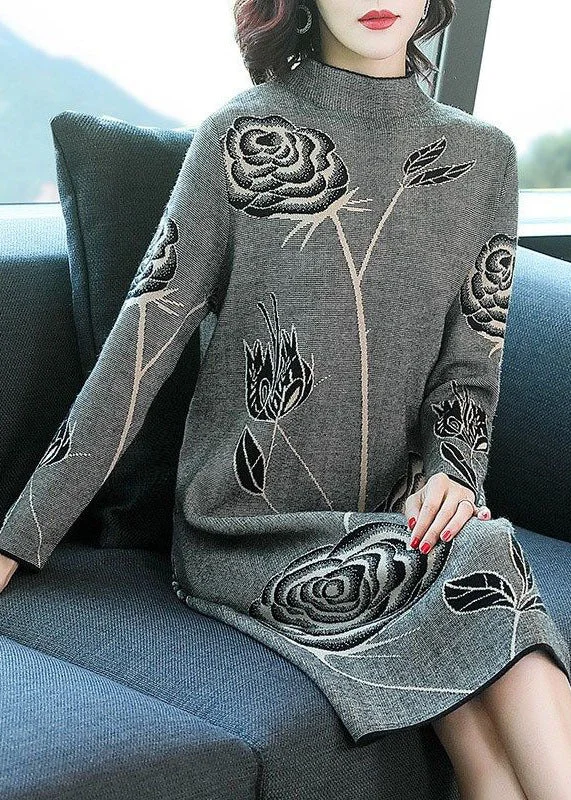 Weekend Discounts to Love Grey Floral Print Knit Long Sweater Dress Turtleneck Winter