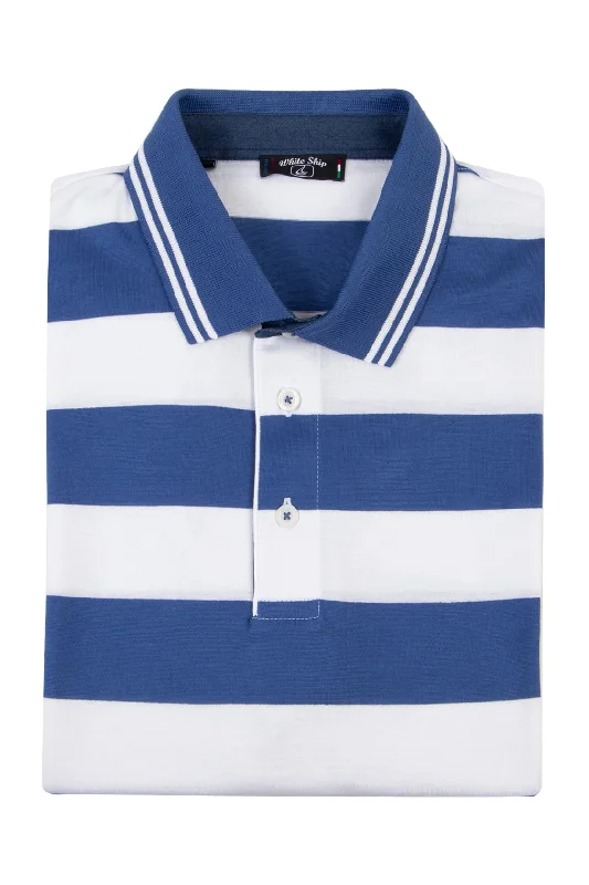 White Ship Blue Bar Stripe Polo