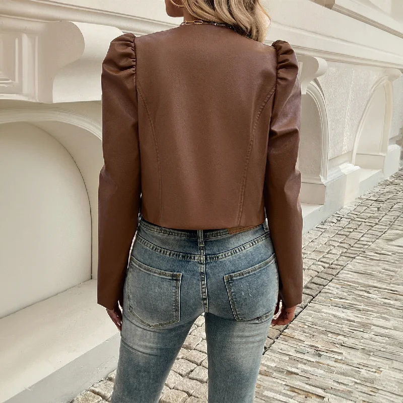 Year-End Clearance Jacket Women's Temperament Leisure Cardigan Solid Color Leather Coat