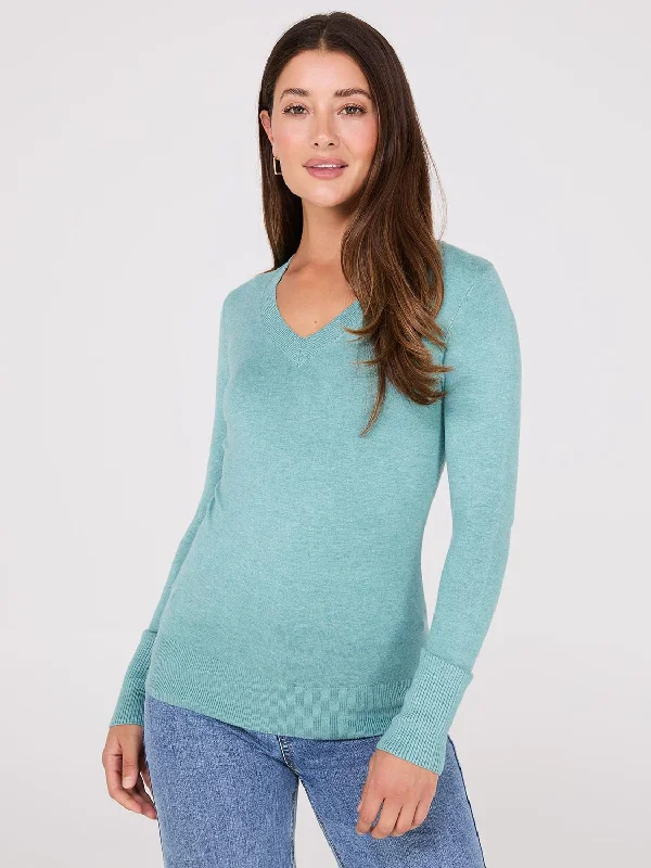 Weekend Offers That Shine V-Neck Long Sleeve Sweater With Ribbed Details