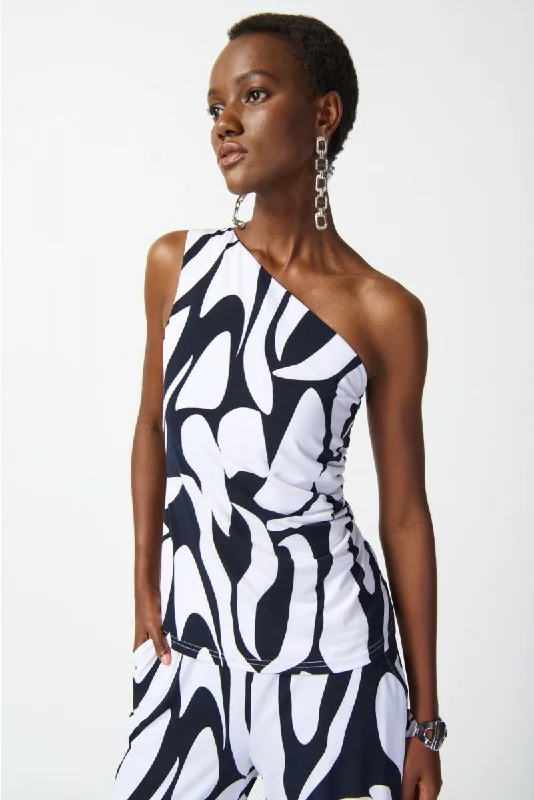 Unbeatable Prices Joseph Ribkoff Midnight Blue/Vanilla Geometric Print One-Shoulder Fitted Top 242108