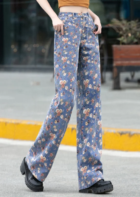 Clearance Sale Fine Blue Print Button Straight Pants Spring