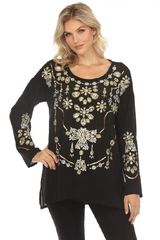 Weekend Savings Sensation Johnny Was Biya Black Embellished Long Sleeve Top C27222