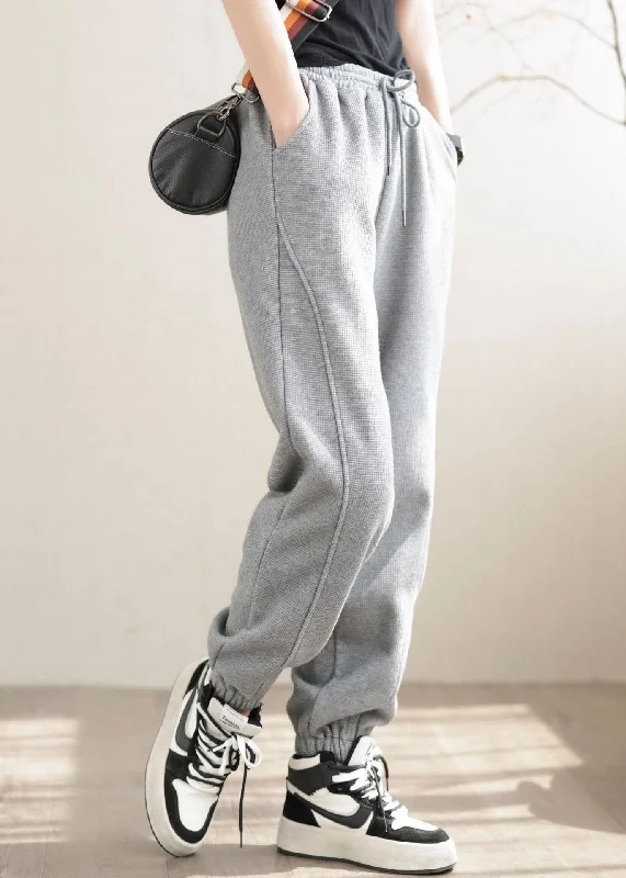 Value Deals Diy Grey Elastic Waist Solid Patchwork Warm Fleece Pants Winter