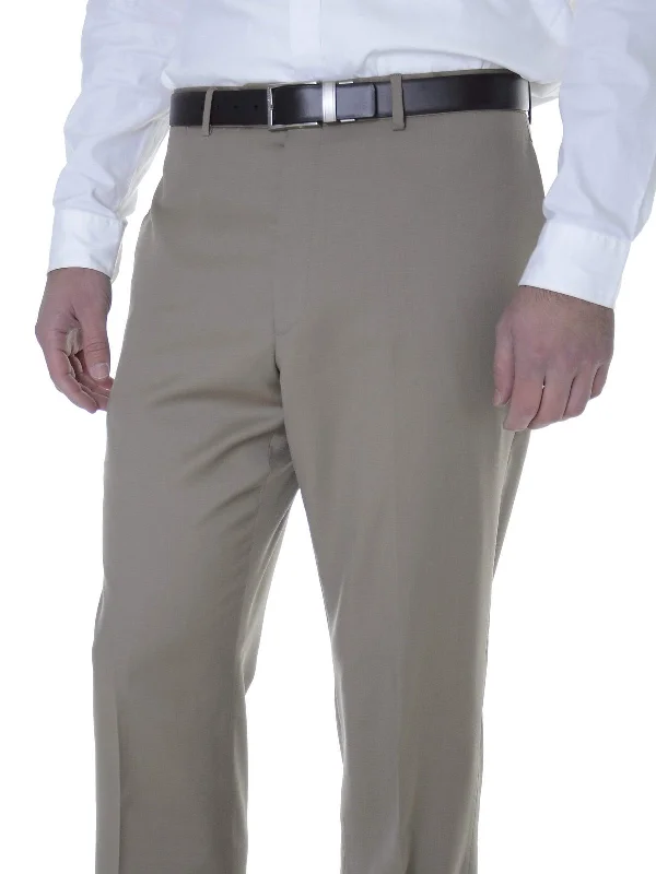 Tommy Hilfiger Trim Fit Solid Khaki Tan Flat Front Worsted Wool Dress Pants