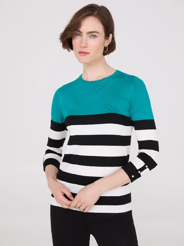 Weekend Deals That Dazzle Striped Round Neck Sweater With Button Details