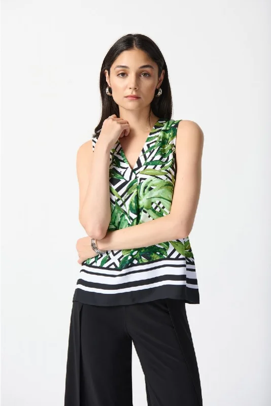 Weekend Deals to Brighten Your Day Joseph Ribkoff Vanilla/Multi Striped Tropical Print V-Neck Sleeveless Top 242237