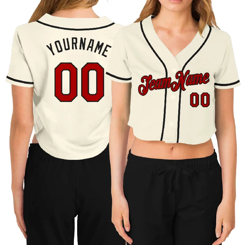 Deal of the Day Custom Women's Cream Red-Black V-Neck Cropped Baseball Jersey