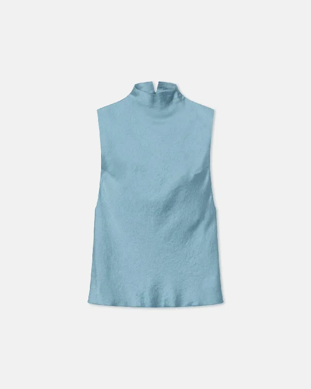 Super Deal Colson - Crinkled-Satin Turtleneck Top - Aqua