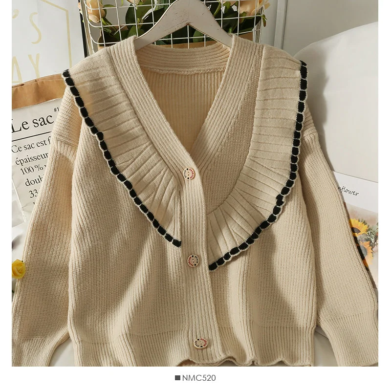Special Buy Contrast Ruffle V-neck single breasted loose thin sweater  1834