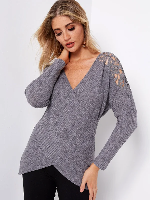 Weekend Bargains to Celebrate Custom Crossed Collar Plain Lace Crossed Front Long Sleeve Irregular Hem Grey T-Shirts