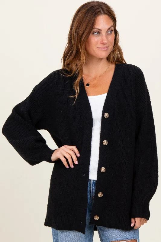 Act Now Black Knit Oversized Button Down V-Neck Cardigan