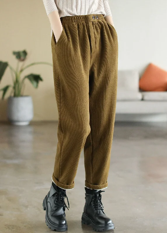 Warehouse Sale Elegant Yellow Elastic Waist Pockets Warm Fleece Corduroy Pants Winter