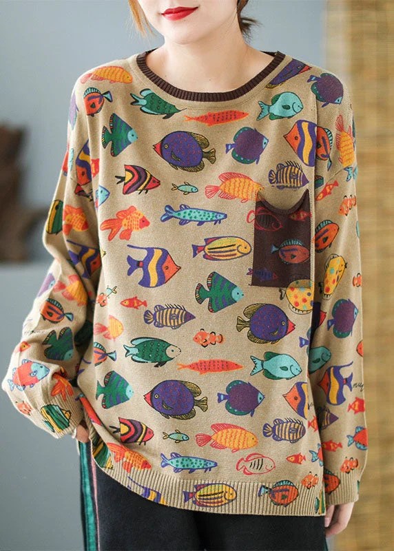 Weekend Specials to Grab Elegant Khaki O-Neck Oversized Print Knit Sweater Tops Winter