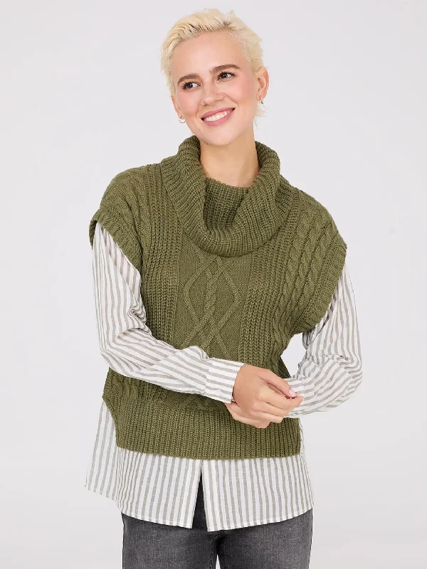 Super Deal 2-Fer Cable Knit Vest With Striped Blouse