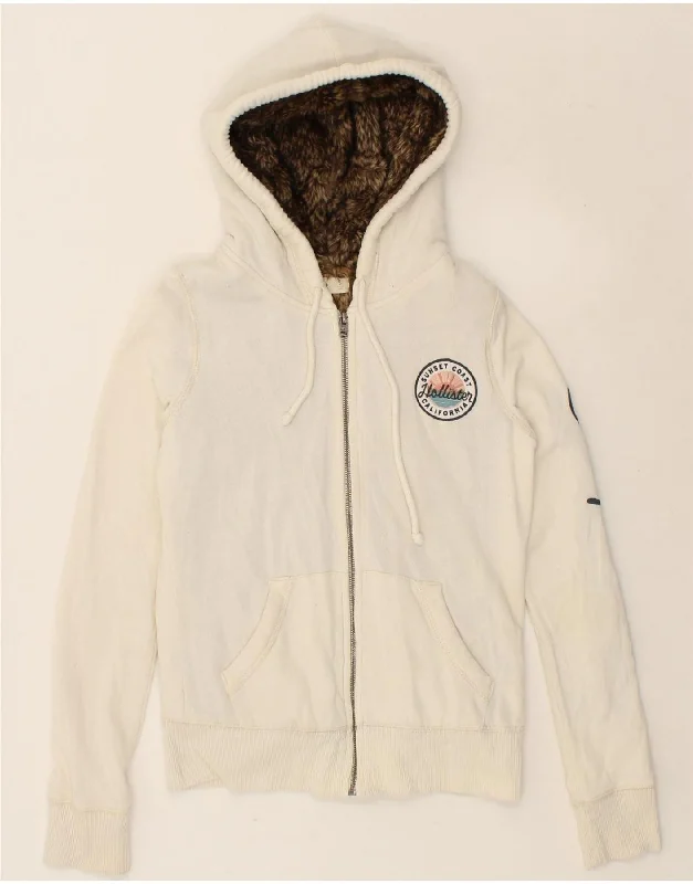 Special Savings HOLLISTER Womens Hooded Bomber Sherpa Jacket UK 10 Small White Cotton