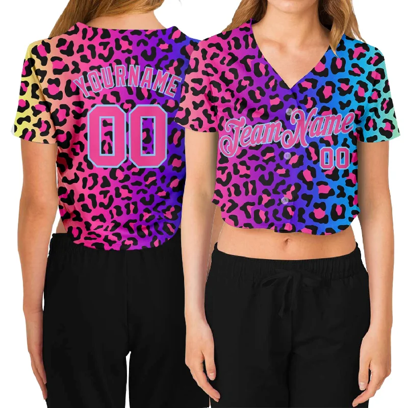 Discount Deals Custom Women's Purple Pink-Light Blue Leopard 3D V-Neck Cropped Baseball Jersey