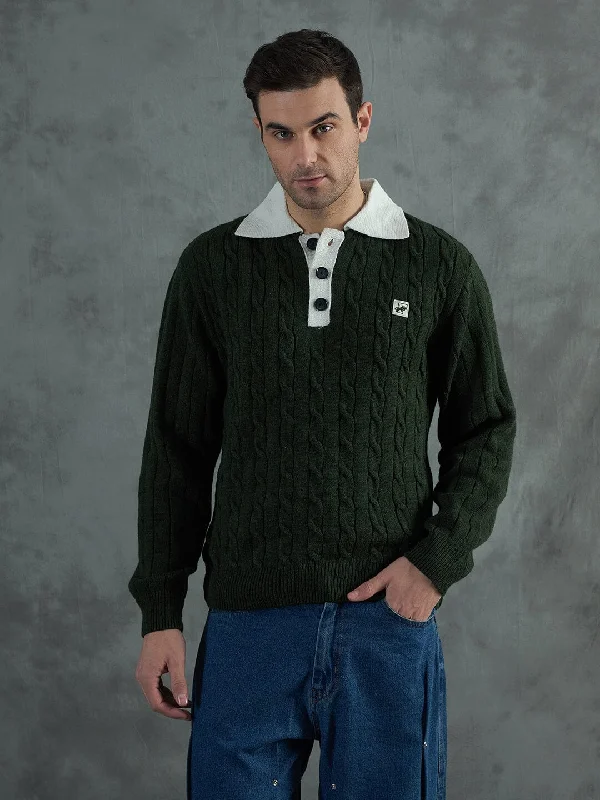 Green Cable Knit Polo Sweater