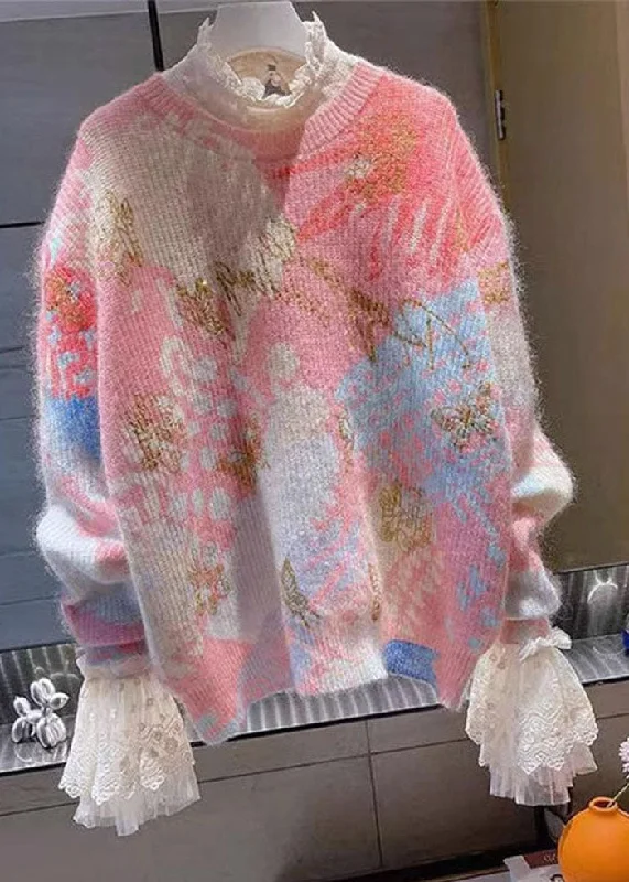 Mega Discount Cute Red O-Neck Print Lace Patchwork Cotton Knit Sweaters