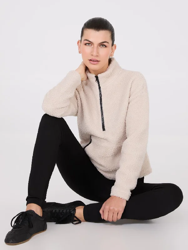 Special Discount Contrast Piping Half-Zip Sherpa Sweater