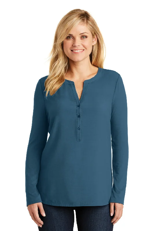 Warehouse Sale Port Authority Womens Concept Jersey Long Sleeve Henley T-Shirt - Dusty Blue